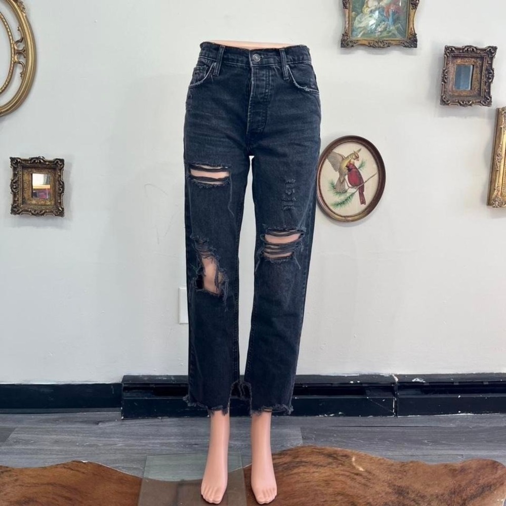Free People We The Free Maggie Distressed Straight Leg Jeans Washed Black 24